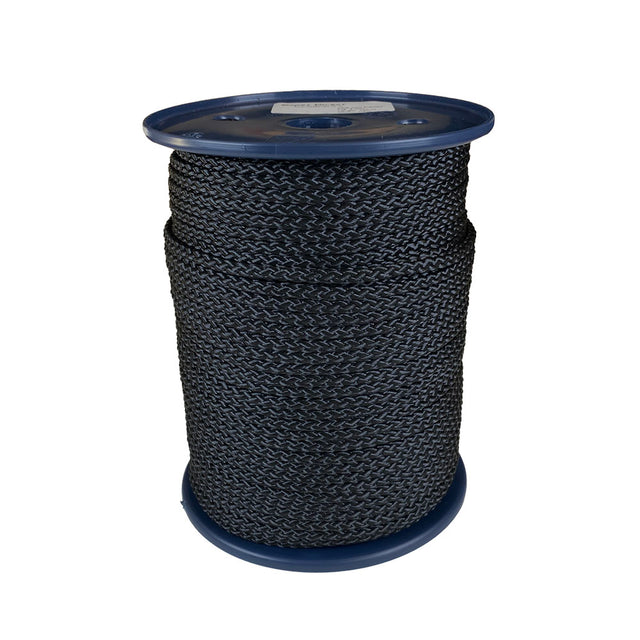 Spool of 5mm black braided polyester cord on a plastic reel with a white background