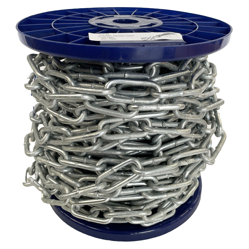 Spool of chain on a blue reel with a white background
