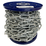 Spool of chain on a blue reel with a white background