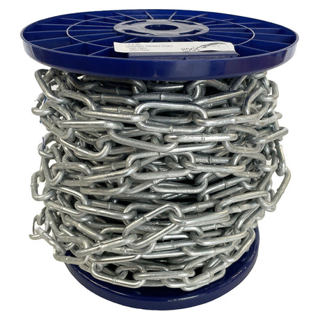 Spool of chain on a blue reel with a white background