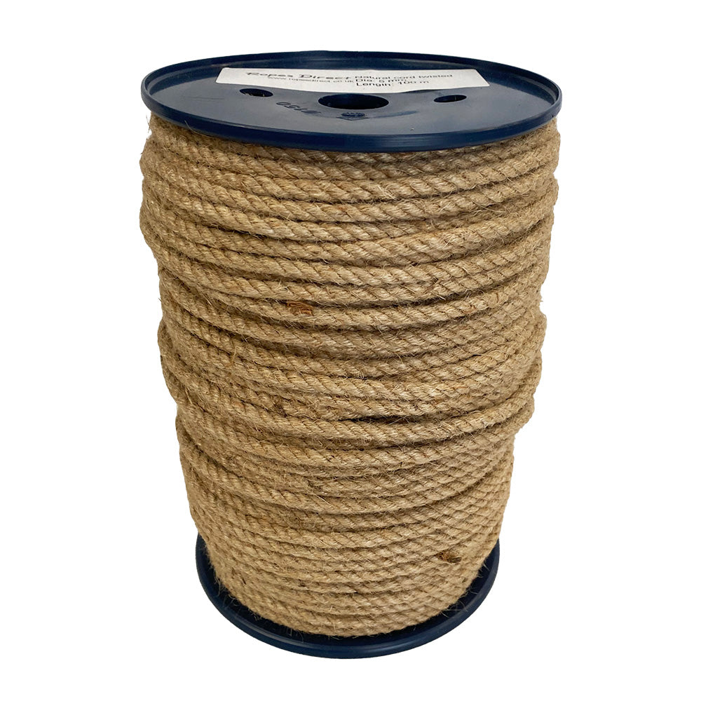 Spool of 5mm brown jute rope on a pastic reel with a white background