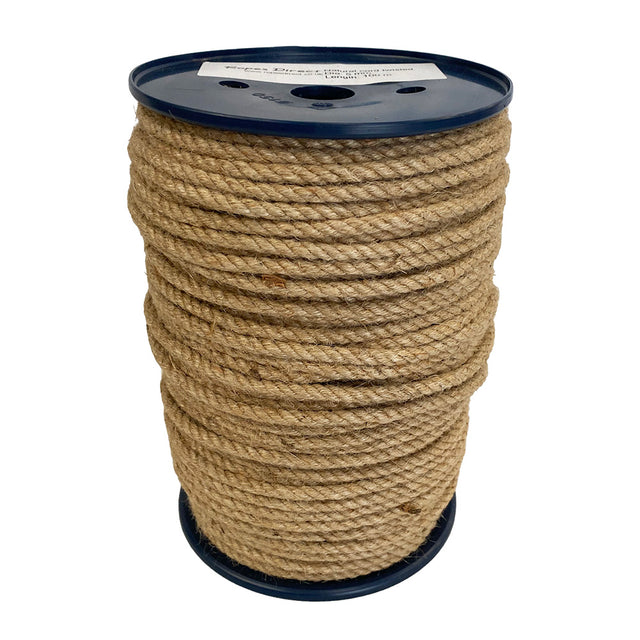 Spool of 5mm brown jute rope on a pastic reel with a white background