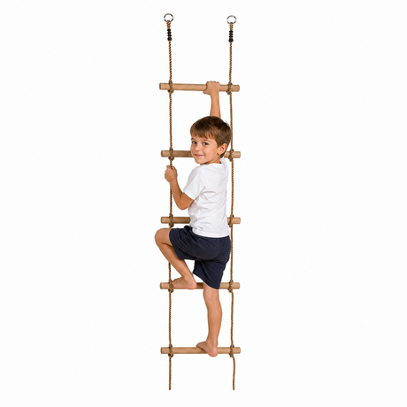 A young boy in a white t-shirt and navy shorts climbing a wooden rope ladder with wooden rungs on a solid white background.