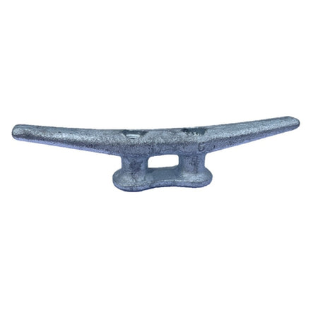 A galvanised metal cleat with two hex shaped fixing holes and stamped with the number 6