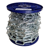 Spool of chain on a blue reel with a white background
