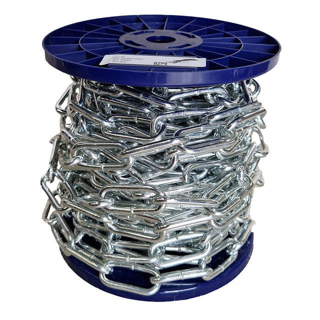 Spool of chain on a blue reel with a white background