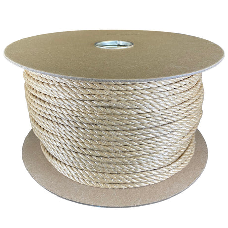 6mm beige polypropylene rope on a cardboard reel with a white background