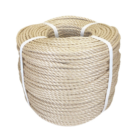 Coil of beige polypropylene rope with white banding on a white background