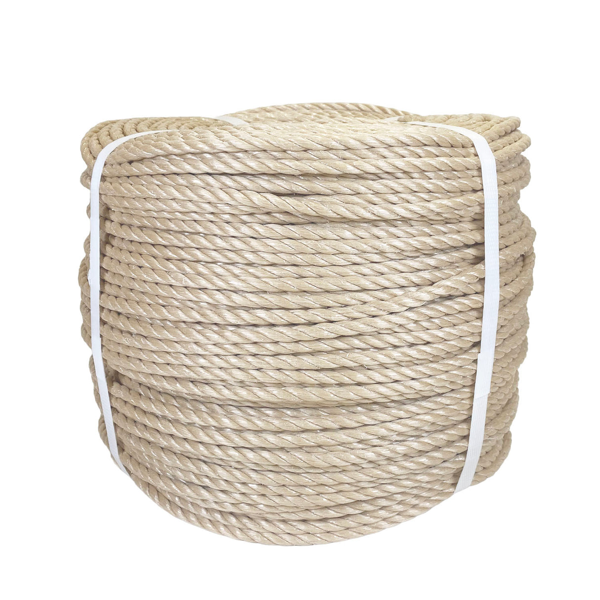 Coil of beige polypropylene rope with white banding on a white background