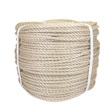 Coil of beige polypropylene rope with white banding on a white background