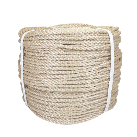 Coil of beige polypropylene rope with white banding on a white background