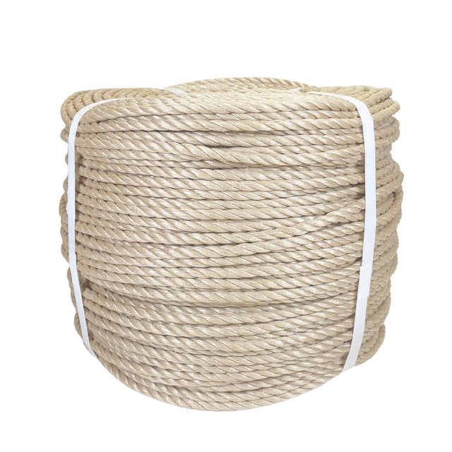 Coil of beige polypropylene rope with white banding on a white background