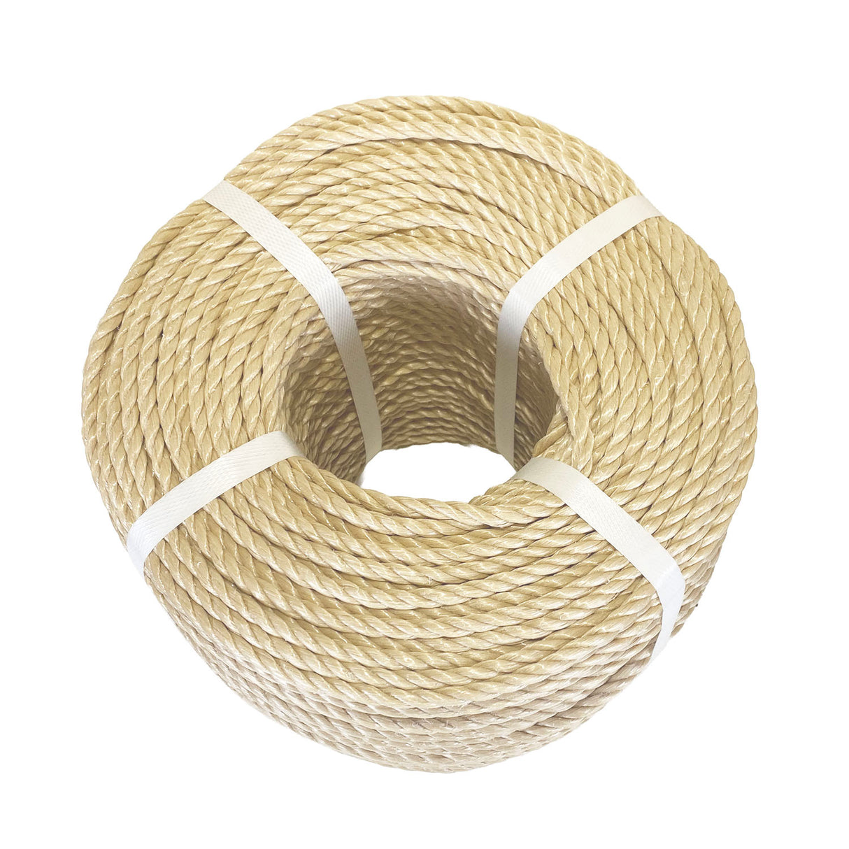 Coil of beige polypropylene rope with white banding on a white background