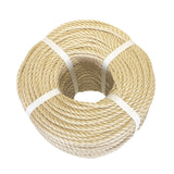 Coil of beige polypropylene rope with white banding on a white background