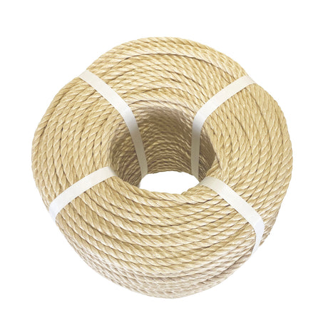 Coil of beige polypropylene rope with white banding on a white background