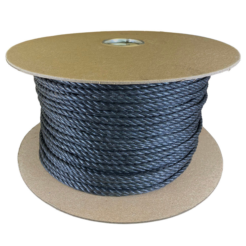 6mm black polypropylene rope on a cardboard reel with a white background