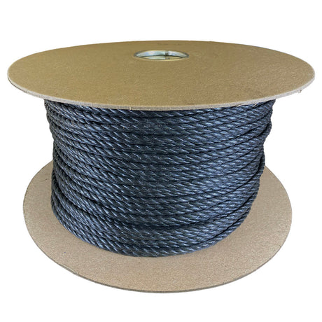 6mm black polypropylene rope on a cardboard reel with a white background
