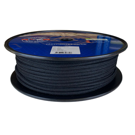 Spool of 6mm black matt polyester rope with a blue label on a white background
