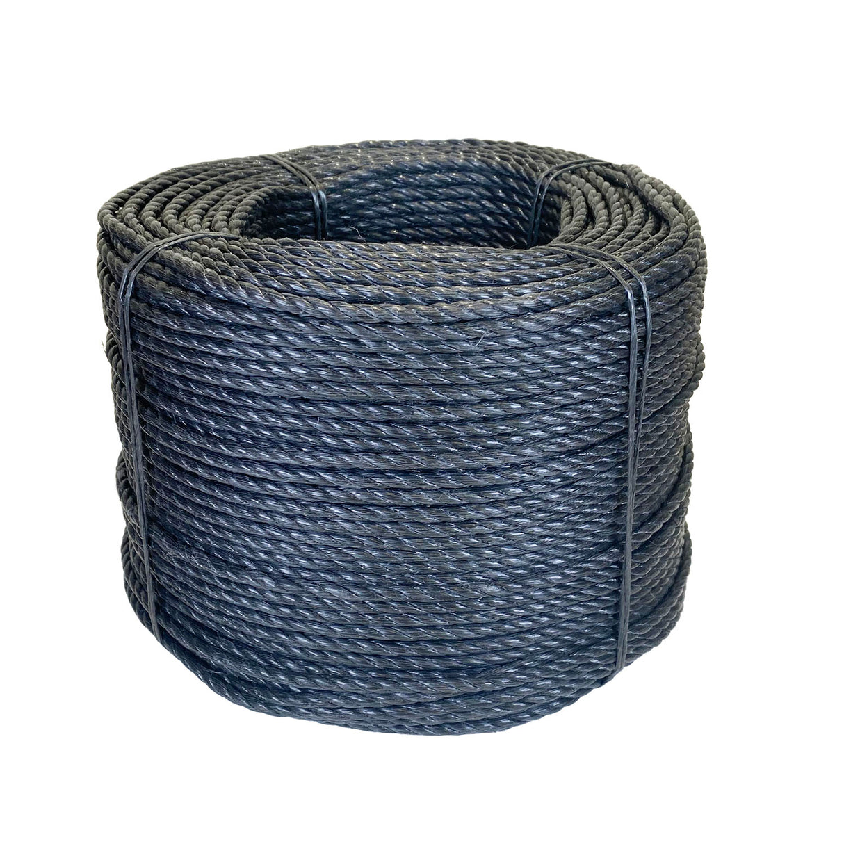 Coil of black polypropylene rope with white banding on a white background