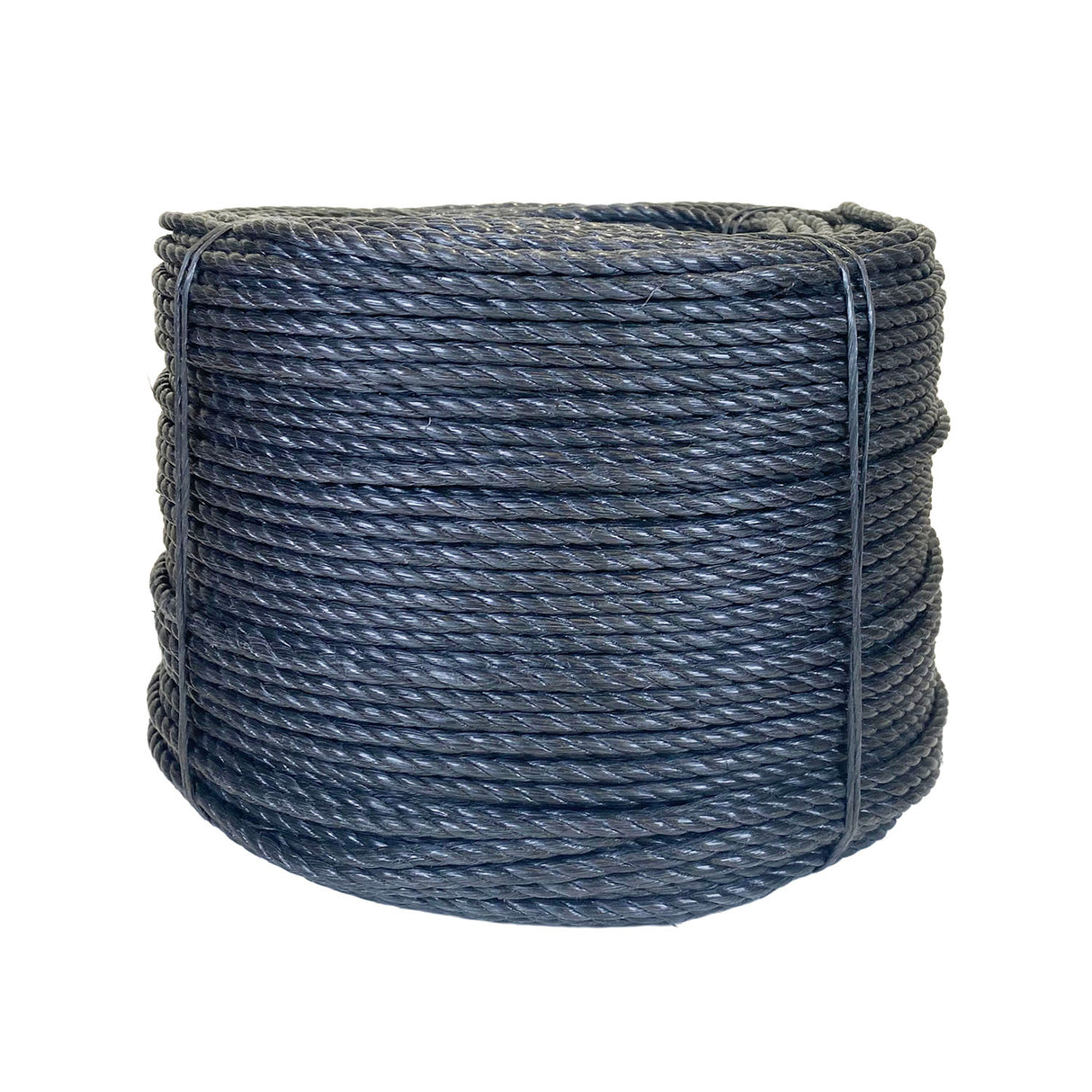 Coil of black polypropylene rope with white banding on a white background