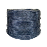 Coil of black polypropylene rope with white banding on a white background