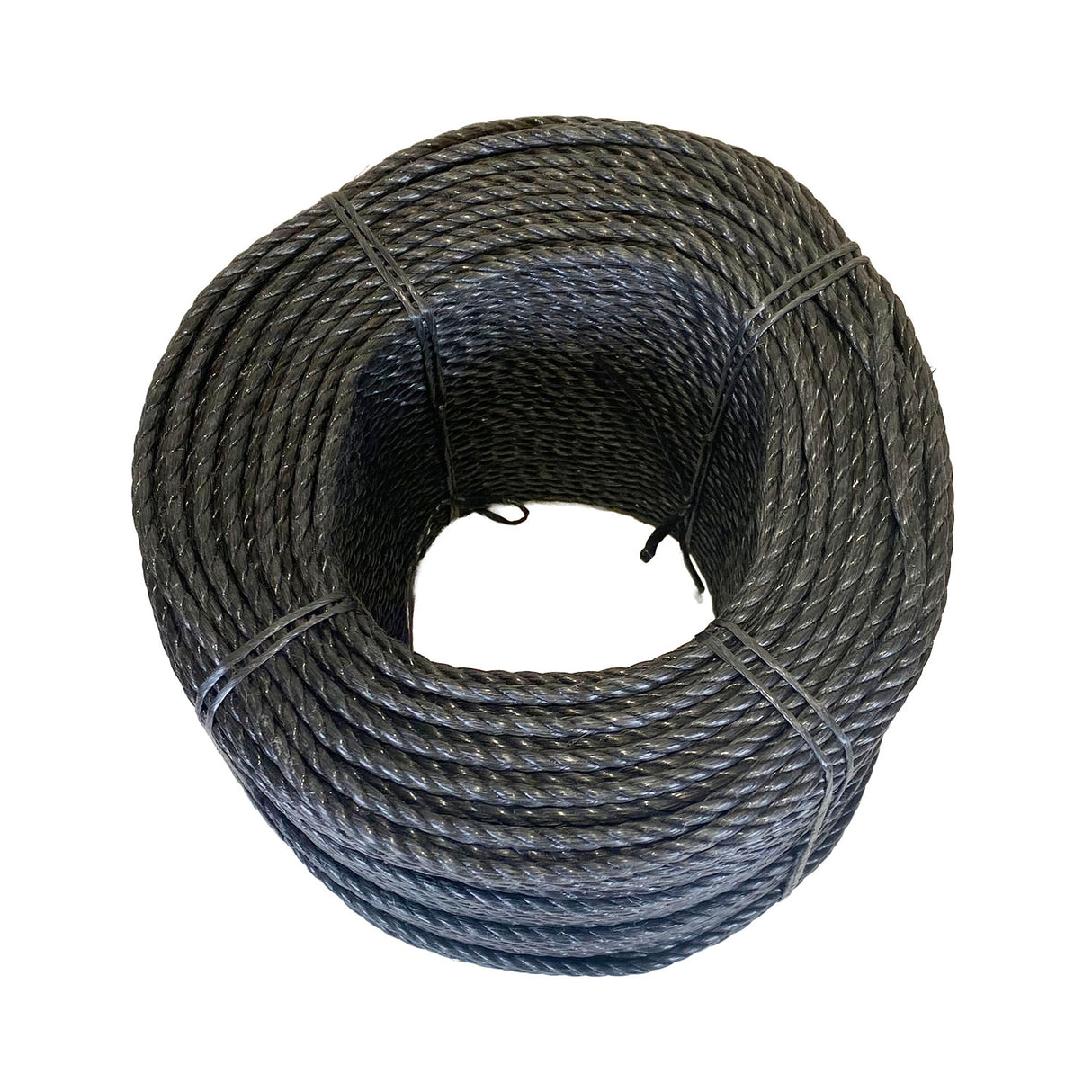 Coil of black polypropylene rope with white banding on a white background