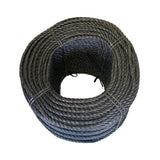 Coil of black polypropylene rope with white banding on a white background