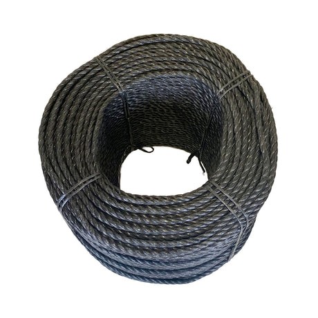 Coil of black polypropylene rope with white banding on a white background