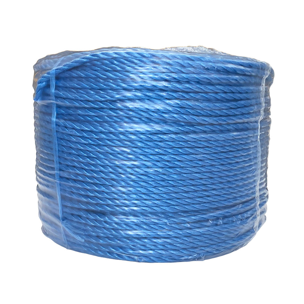 Shrink wrapped coil of 6mm blue polypropylene rope with a white background