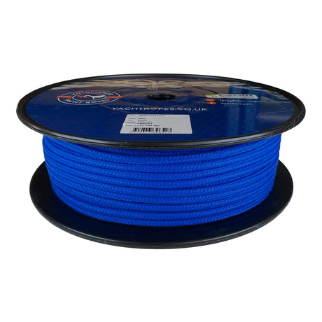 Spool of 6mm blue matt polyester rope with a blue label on a white background