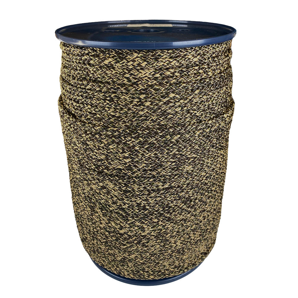 Spool of 6mm camouflage braided cord on a plastic reel with a white background