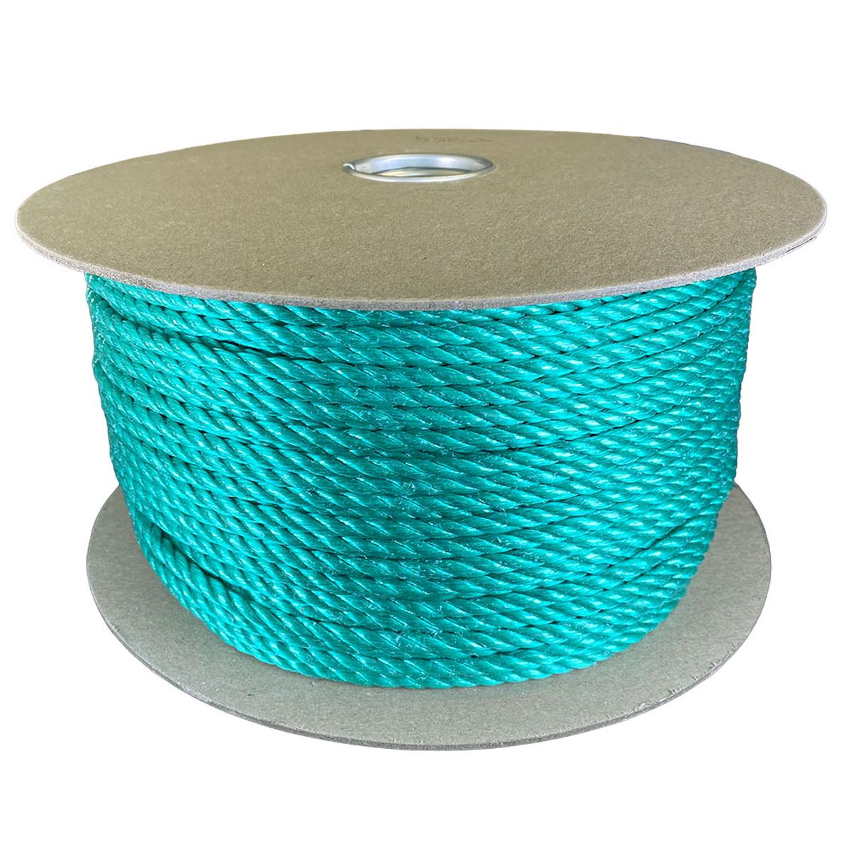 6mm green polypropylene rope on a cardboard reel with a white background