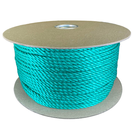 6mm green polypropylene rope on a cardboard reel with a white background