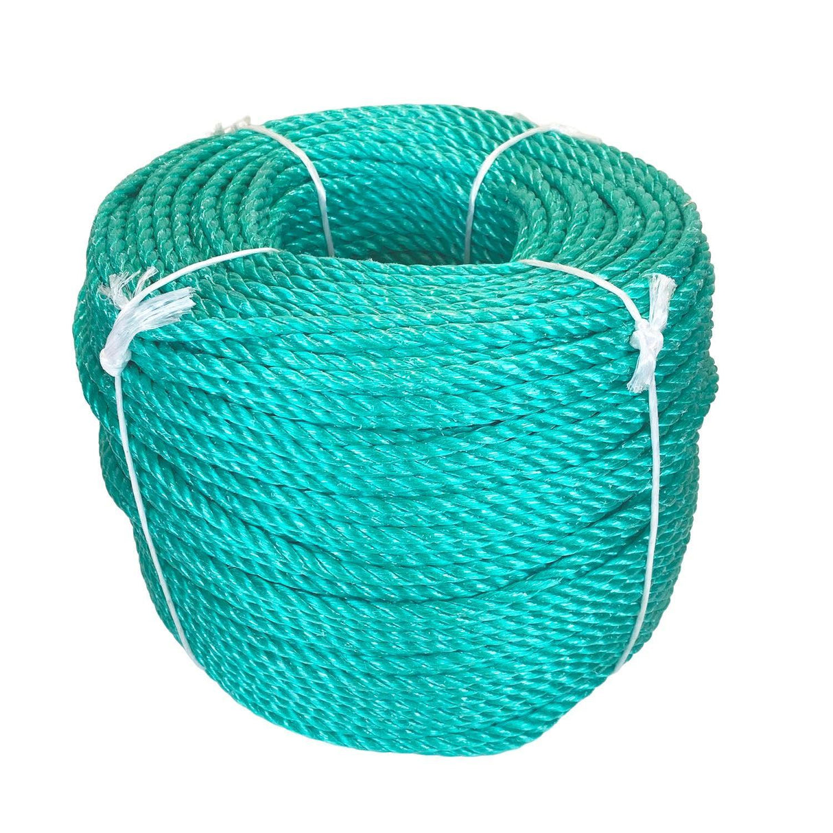Coil of green polypropylene rope with white banding on a white background