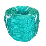 Coil of green polypropylene rope with white banding on a white background