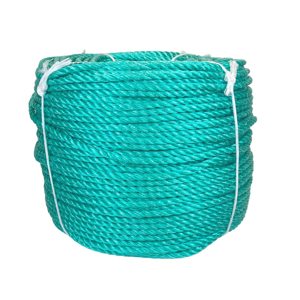 Coil of green polypropylene rope with white banding on a white background