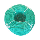 Coil of green polypropylene rope with white banding on a white background