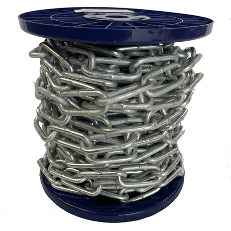 Spool of chain on a blue reel with a white background
