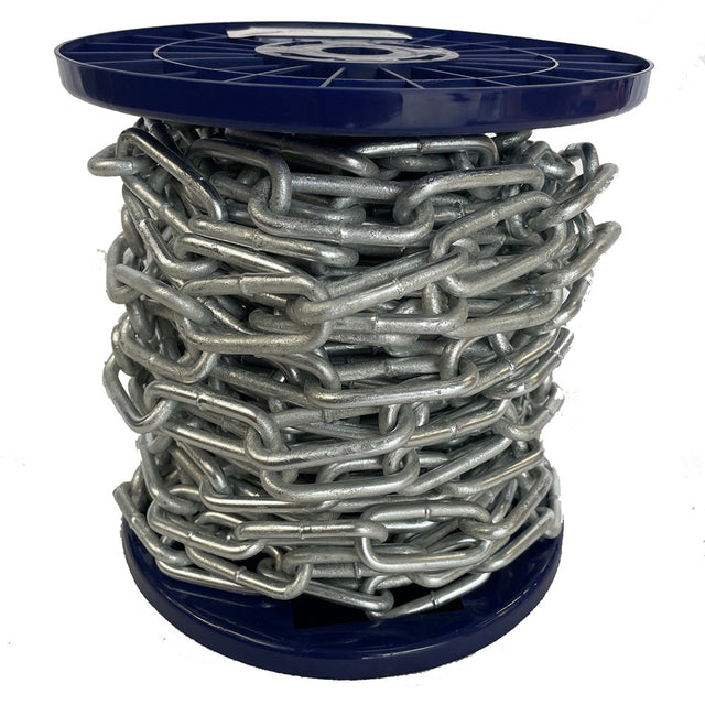 Spool of chain on a blue reel with a white background