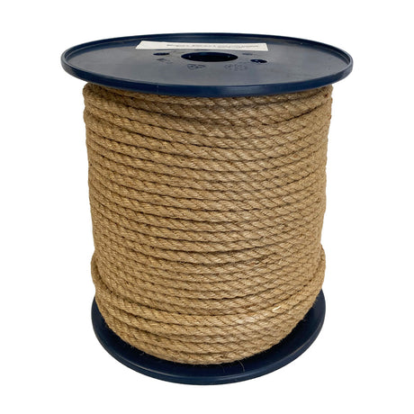 Spool of 6mm brown jute rope on a pastic reel with a white background