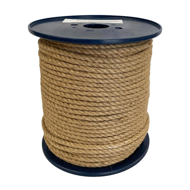 Spool of 6mm brown jute rope on a pastic reel with a white background