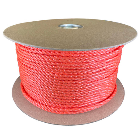 6mm orange polypropylene rope on a cardboard reel with a white background