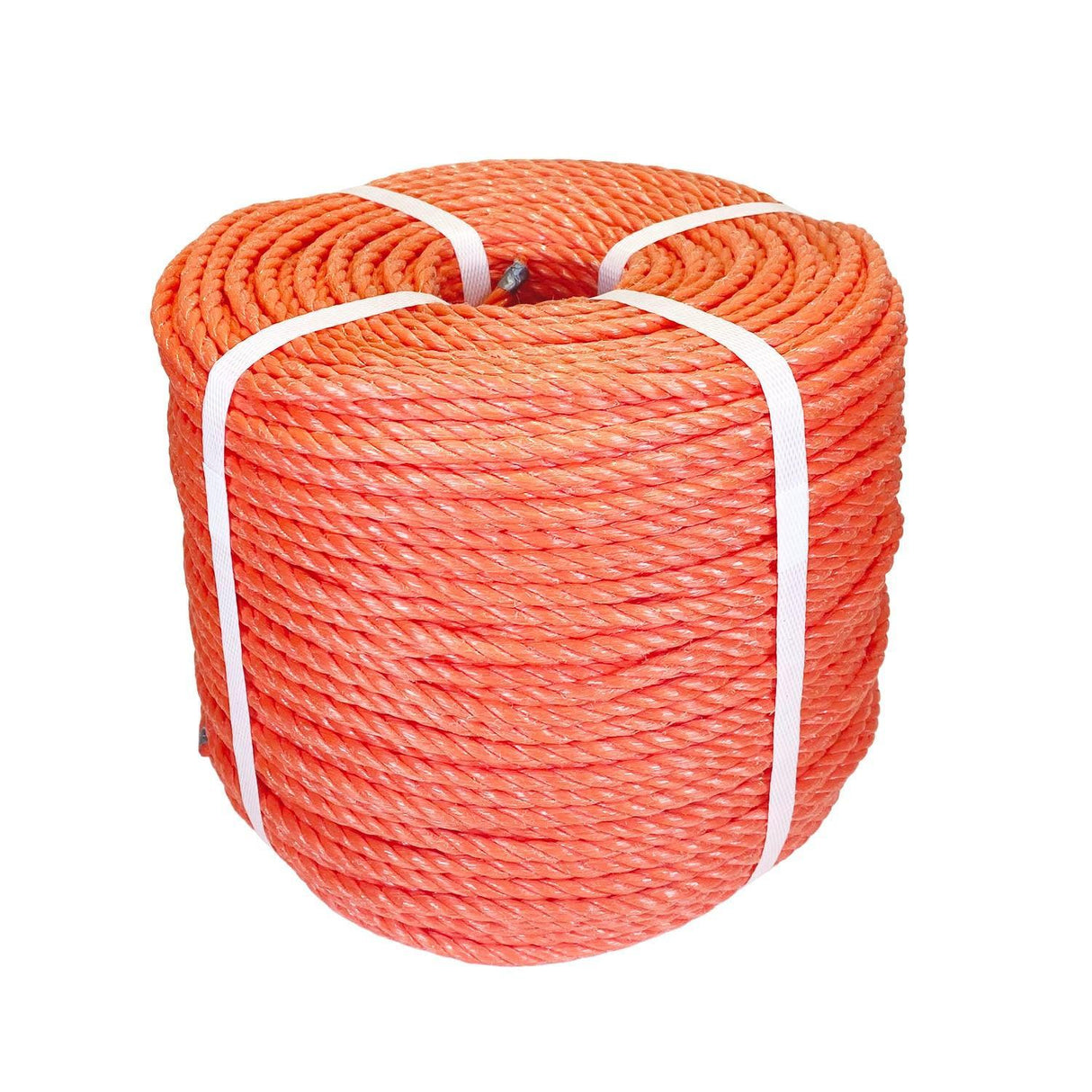 Coil of orange polypropylene rope with white banding on a white background