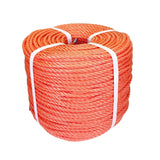 Coil of orange polypropylene rope with white banding on a white background