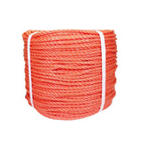 Coil of orange polypropylene rope with white banding on a white background