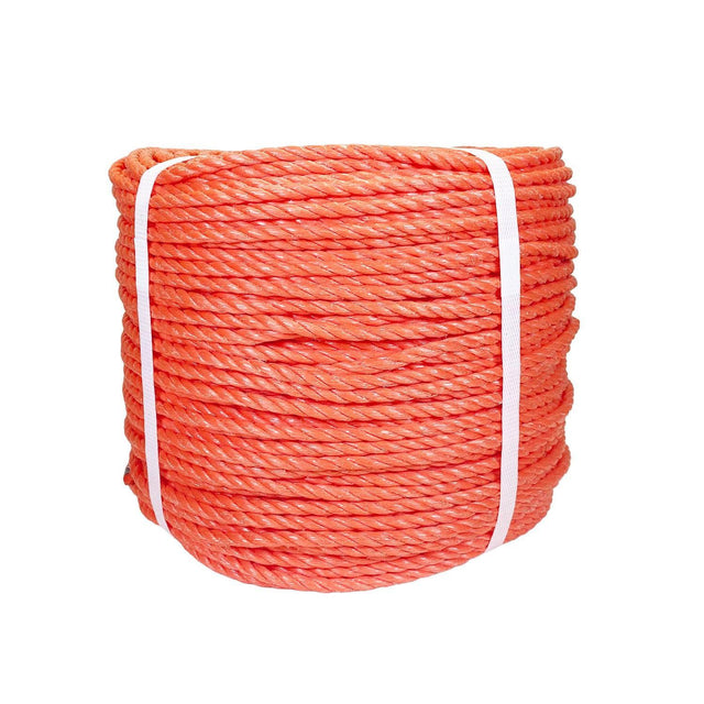 Coil of orange polypropylene rope with white banding on a white background