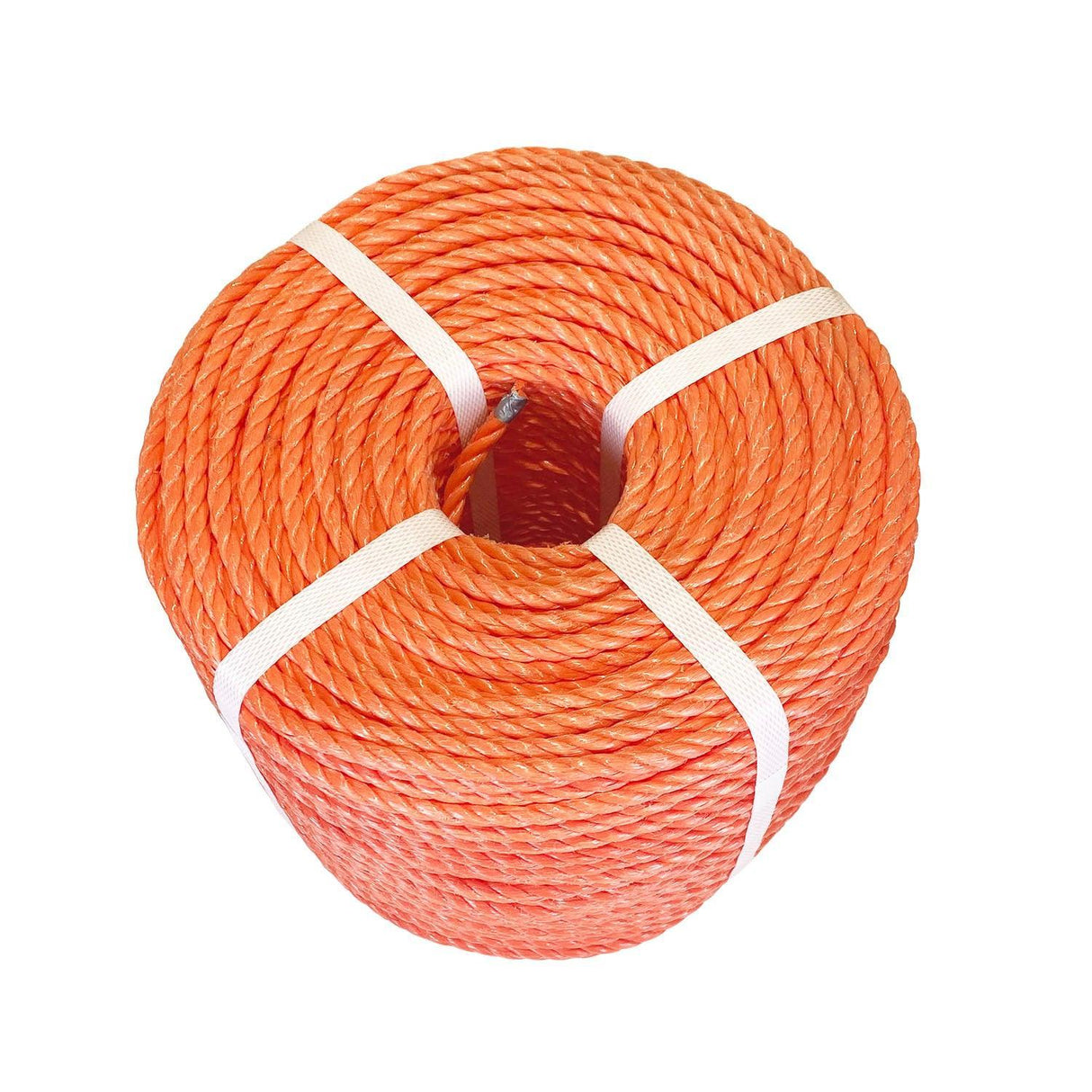 Coil of orange polypropylene rope with white banding on a white background