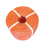 Coil of orange polypropylene rope with white banding on a white background