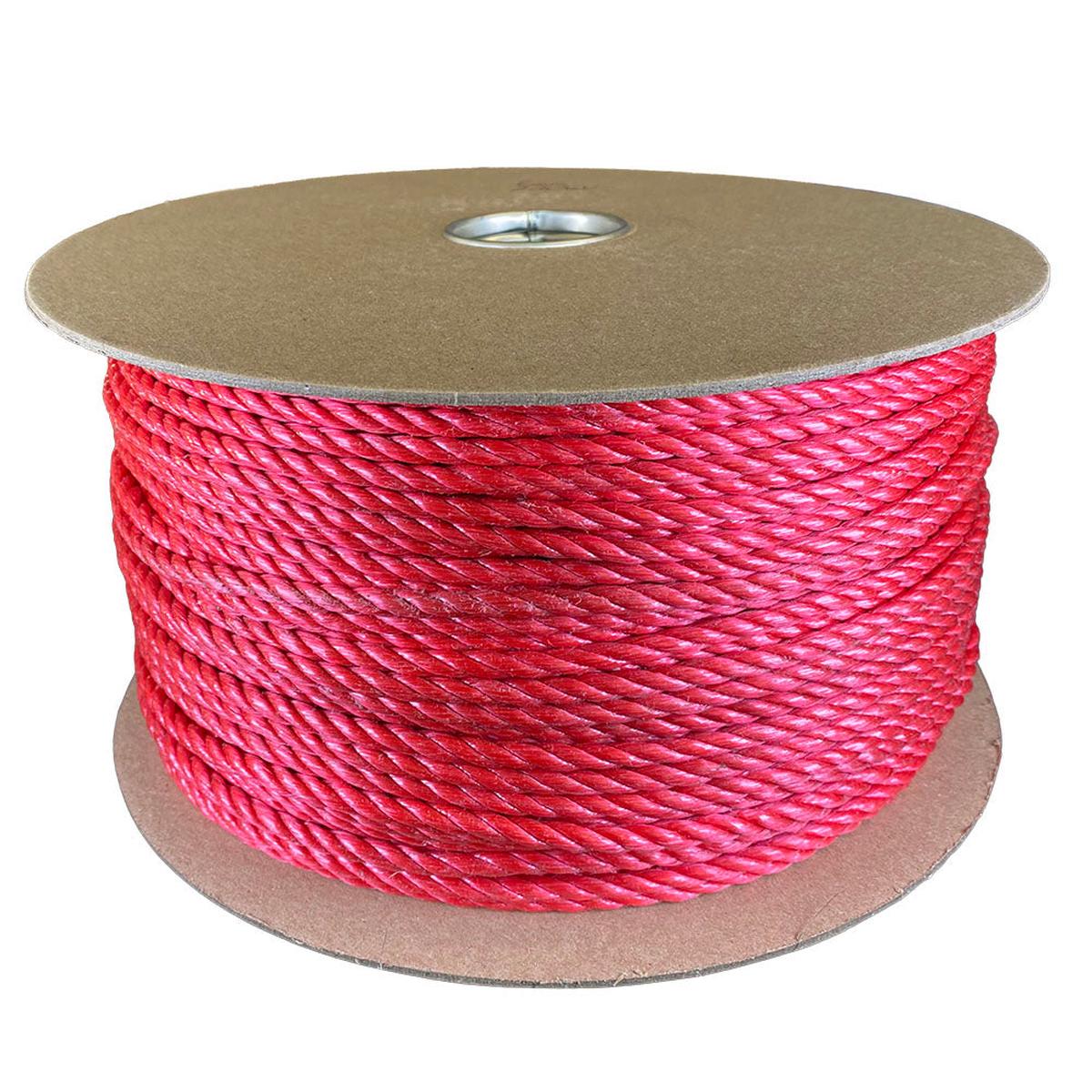 6mm red polypropylene rope on a cardboard reel with a white background