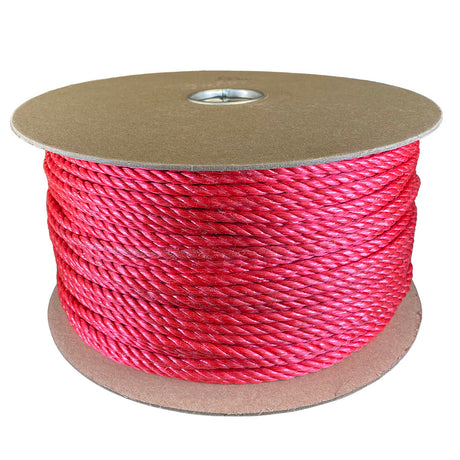 6mm red polypropylene rope on a cardboard reel with a white background